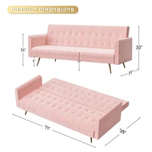 OUYESSIR Velvet Futon Sofa Bed with 2 Pillows, Convertible Futon Couch, Sturdy Sleeper Sofa in 71 inch, Small Futon Sofas (Pink)