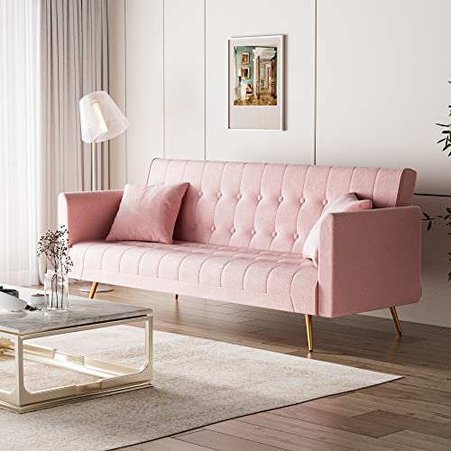 OUYESSIR Velvet Futon Sofa Bed with 2 Pillows, Convertible Futon Couch, Sturdy Sleeper Sofa in 71 inch, Small Futon Sofas (Pink)