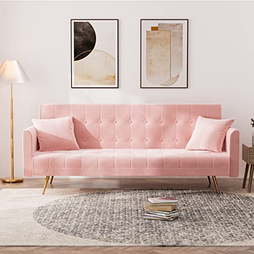 OUYESSIR Velvet Futon Sofa Bed with 2 Pillows, Convertible Futon Couch, Sturdy Sleeper Sofa in 71 inch, Small Futon Sofas (Pink)