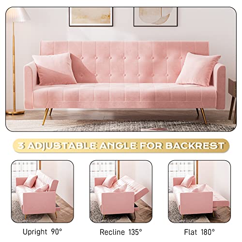 OUYESSIR Velvet Futon Sofa Bed with 2 Pillows, Convertible Futon Couch, Sturdy Sleeper Sofa in 71 inch, Small Futon Sofas (Pink)