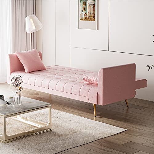 OUYESSIR Velvet Futon Sofa Bed with 2 Pillows, Convertible Futon Couch, Sturdy Sleeper Sofa in 71 inch, Small Futon Sofas (Pink)