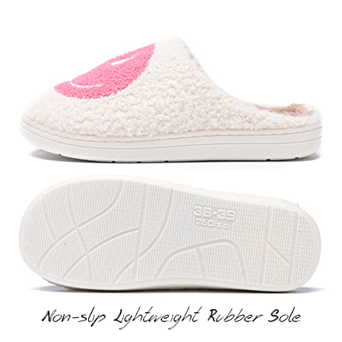 AIMINUO Women's Men's Retro Preppy Happy Face Slippers Comfy Warm Plush Slip-On House Slipper for Winter Indoor Soft Cushion Non-slip Fluffy Slides Slippers White-Pink 8.5-9.5 Women/8-9 Men