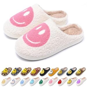 aiminuo women's men's retro preppy happy face slippers comfy warm plush slip-on house slipper for winter indoor soft cushion non-slip fluffy slides slippers white-pink 8.5-9.5 women/8-9 men