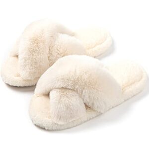 tonchberry cross band faux fur fuzzy slippers for women plush fluffy furry open toe slide slipper for women cozy memory foam anti-skid sole indoor outdoor house home bedroom slippers for women
