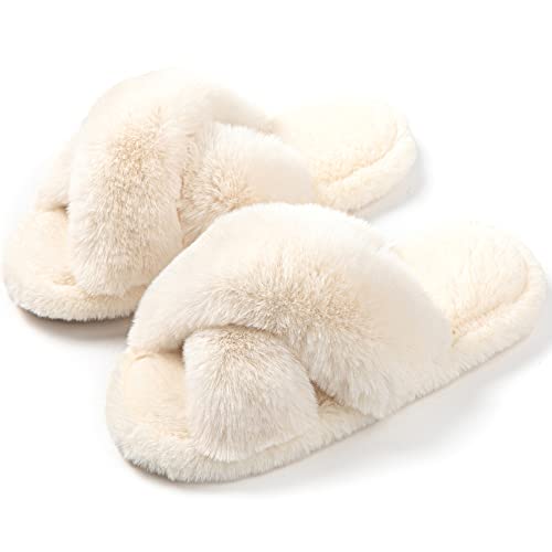 Tonchberry Cross Band Faux Fur Fuzzy Slippers for Women Plush Fluffy Furry Open Toe Slide Slipper for Women Cozy Memory Foam Anti-Skid Sole Indoor Outdoor House Home Bedroom Slippers for Women