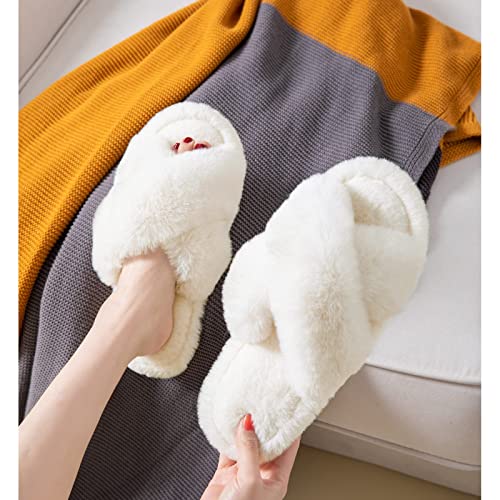 Tonchberry Cross Band Faux Fur Fuzzy Slippers for Women Plush Fluffy Furry Open Toe Slide Slipper for Women Cozy Memory Foam Anti-Skid Sole Indoor Outdoor House Home Bedroom Slippers for Women