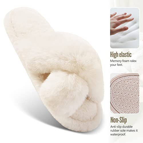 Tonchberry Cross Band Faux Fur Fuzzy Slippers for Women Plush Fluffy Furry Open Toe Slide Slipper for Women Cozy Memory Foam Anti-Skid Sole Indoor Outdoor House Home Bedroom Slippers for Women