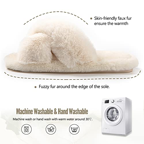 Tonchberry Cross Band Faux Fur Fuzzy Slippers for Women Plush Fluffy Furry Open Toe Slide Slipper for Women Cozy Memory Foam Anti-Skid Sole Indoor Outdoor House Home Bedroom Slippers for Women