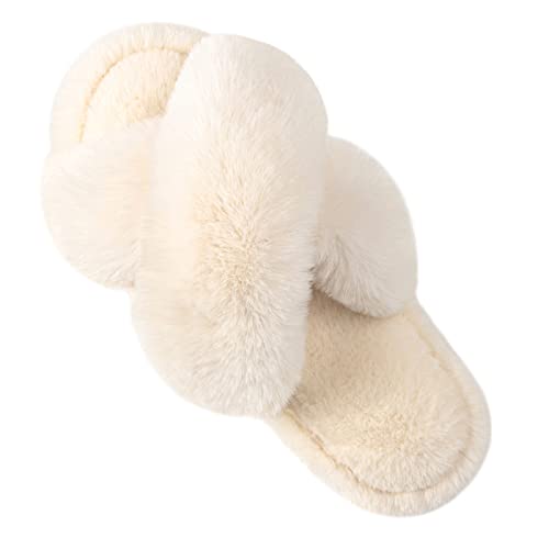 Tonchberry Cross Band Faux Fur Fuzzy Slippers for Women Plush Fluffy Furry Open Toe Slide Slipper for Women Cozy Memory Foam Anti-Skid Sole Indoor Outdoor House Home Bedroom Slippers for Women