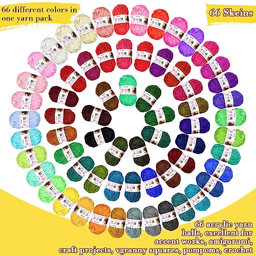 Timtin 66 Rolls Yarn Skeins for Knitting 2887 Yards Acrylic Soft Crochet Yarns Assorted Colors Mini Knitting and Crochet Project