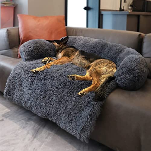 Calming Dog Bed Fluffy Plush Dog Mat for Furniture Protector with Removable Washable Cover for Large Medium Small Dogs and Cats (Large(45x37x6), Dark Grey)