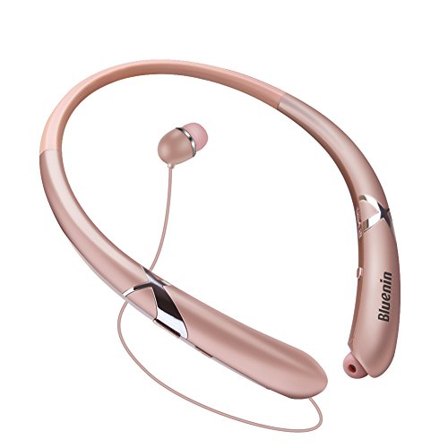 Bluenin Bluetooth Headphones, Bluetooth Neckband Wireless Headphones Bluetooth 5.0 Retractable Earbuds Stereo Headset CVC 8.0 Noise Cancelling Call Vibrate Alert Earphones with Mic (Rose Gold)