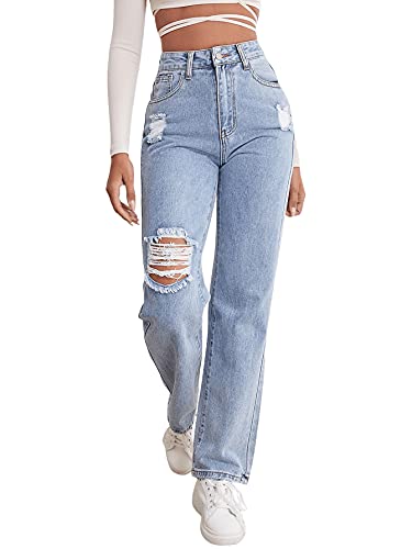 SweatyRocks Women's High Waist Straight Leg Jeans Ripped Distressed Denim Pants Light Blue S