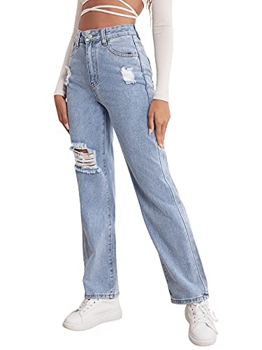 SweatyRocks Women's High Waist Straight Leg Jeans Ripped Distressed Denim Pants Light Blue S