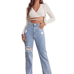 SweatyRocks Women's High Waist Straight Leg Jeans Ripped Distressed Denim Pants Light Blue S