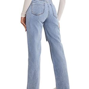 SweatyRocks Women's High Waist Straight Leg Jeans Ripped Distressed Denim Pants Light Blue S