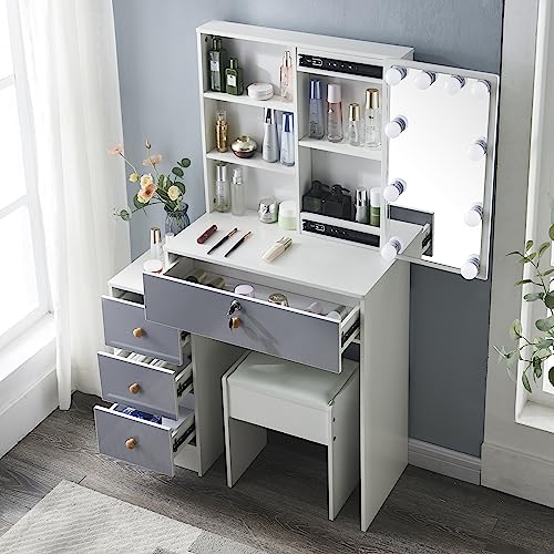 YAMISSI Dressing Table Dresser Desk with Lights, Multifunctional Vanity Table Makeup Desk Set with 3 Drawers, Large Sliding Mirror and Soft Cushioned Stool for Girls and Women.