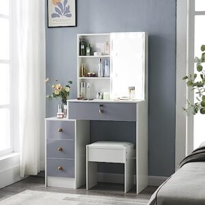 YAMISSI Dressing Table Dresser Desk with Lights, Multifunctional Vanity Table Makeup Desk Set with 3 Drawers, Large Sliding Mirror and Soft Cushioned Stool for Girls and Women.