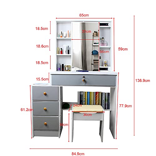 YAMISSI Dressing Table Dresser Desk with Lights, Multifunctional Vanity Table Makeup Desk Set with 3 Drawers, Large Sliding Mirror and Soft Cushioned Stool for Girls and Women.