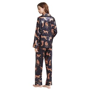 belle heure women’s silk satin classic long sleeve pajamas button down silky floral animals pattern set loungewear sleepwear leopard black