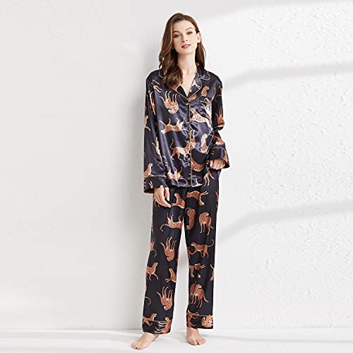 Belle Heure Women’s Silk Satin Classic Long Sleeve Pajamas Button Down Silky Floral Animals Pattern Set Loungewear Sleepwear Leopard Black