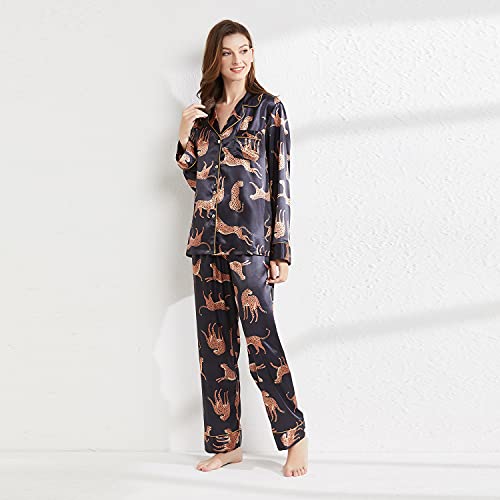 Belle Heure Women’s Silk Satin Classic Long Sleeve Pajamas Button Down Silky Floral Animals Pattern Set Loungewear Sleepwear Leopard Black
