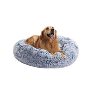 Bedfolks Calming Donut Dog Bed, 36 Inches Round Fluffy Dog Beds for Large Dogs, Anti-Anxiety Plush Dog Bed, Machine Washable Pet Bed (Navy Blue, Large)