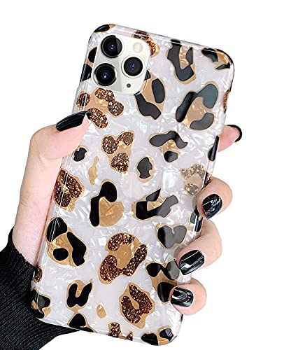 J.west Case Compatiable with iPhone 13 Pro 6.1 inch,Sparkly Animal Leopard Print Pattern Vintage Cheetah Design Glitter Translucent Clear Soft TPU Slim Fit Protective Phone Case for Women Girls White