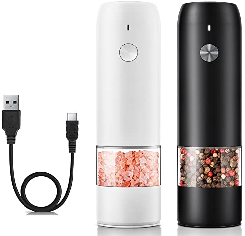 𝗥𝗲𝗰𝗵𝗮𝗿𝗴𝗲𝗮𝗯𝗹𝗲 Electric Salt and pepper Grinder Set - Built-In 500mAh Battery - Automatic Peppercorn and Sea Salt Spice Mill & Shakers Set with LED Light, Adjustable Coarseness