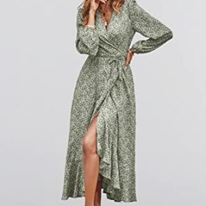 PRETTYGARDEN Women's Bohemian Dress Wrap V Neck Long Sleeve High Split Flowy Ruffle Floral Maxi Dress with Belt (Green, Medium)