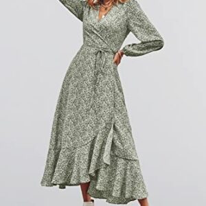 PRETTYGARDEN Women's Bohemian Dress Wrap V Neck Long Sleeve High Split Flowy Ruffle Floral Maxi Dress with Belt (Green, Medium)