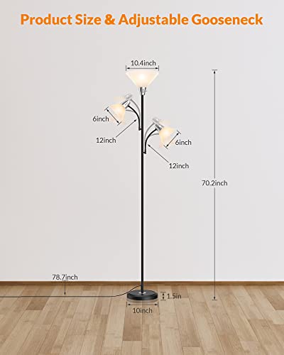 LEPOWER Floor Lamp with Replaceable 3000K Energy-Saving LED Bulbs , 9W LED Standing Lamp with 5W Adjustable Reading Lights, Modern Bright Black Floor Lamp for Living Room, Bedroom, Office