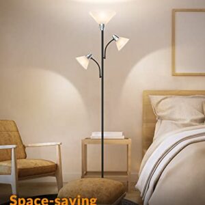 LEPOWER Floor Lamp with Replaceable 3000K Energy-Saving LED Bulbs , 9W LED Standing Lamp with 5W Adjustable Reading Lights, Modern Bright Black Floor Lamp for Living Room, Bedroom, Office