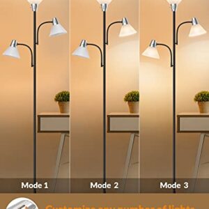 LEPOWER Floor Lamp with Replaceable 3000K Energy-Saving LED Bulbs , 9W LED Standing Lamp with 5W Adjustable Reading Lights, Modern Bright Black Floor Lamp for Living Room, Bedroom, Office