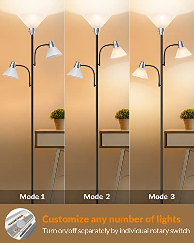 LEPOWER Floor Lamp with Replaceable 3000K Energy-Saving LED Bulbs , 9W LED Standing Lamp with 5W Adjustable Reading Lights, Modern Bright Black Floor Lamp for Living Room, Bedroom, Office
