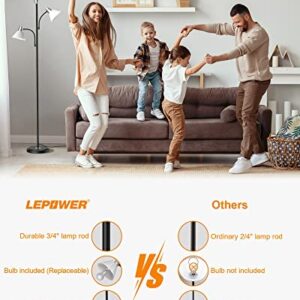 LEPOWER Floor Lamp with Replaceable 3000K Energy-Saving LED Bulbs , 9W LED Standing Lamp with 5W Adjustable Reading Lights, Modern Bright Black Floor Lamp for Living Room, Bedroom, Office