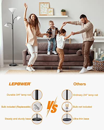 LEPOWER Floor Lamp with Replaceable 3000K Energy-Saving LED Bulbs , 9W LED Standing Lamp with 5W Adjustable Reading Lights, Modern Bright Black Floor Lamp for Living Room, Bedroom, Office