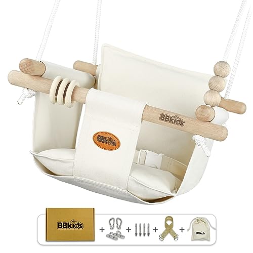 BBkids Indoor Baby Swing, Canvas Baby Swing, Wooden Hammock Hanging Swing Seat Chair with Safety Belt, Outdoor Kids Toddler Baby Tree Swing, Full Set of Ceiling Screws. (Cream)