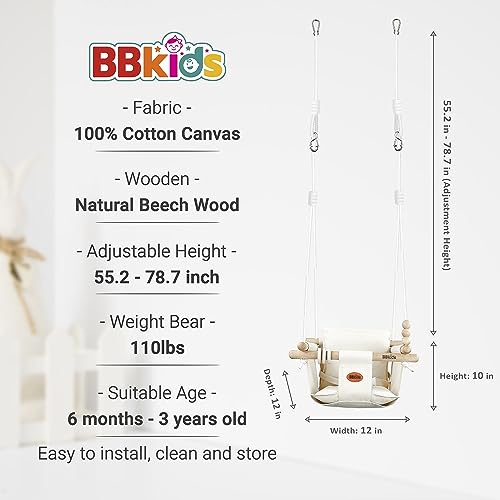 BBkids Indoor Baby Swing, Canvas Baby Swing, Wooden Hammock Hanging Swing Seat Chair with Safety Belt, Outdoor Kids Toddler Baby Tree Swing, Full Set of Ceiling Screws. (Cream)