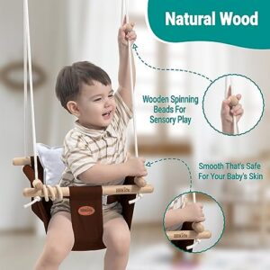 BBkids Indoor Baby Swing, Canvas Baby Swing, Wooden Hammock Hanging Swing Seat Chair with Safety Belt, Outdoor Kids Toddler Baby Tree Swing, Full Set of Ceiling Screws. (Cream)