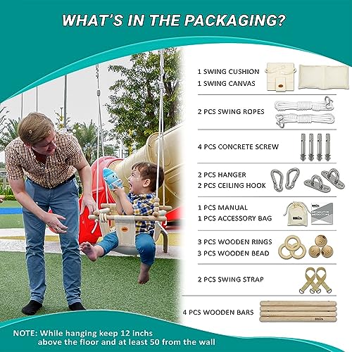 BBkids Indoor Baby Swing, Canvas Baby Swing, Wooden Hammock Hanging Swing Seat Chair with Safety Belt, Outdoor Kids Toddler Baby Tree Swing, Full Set of Ceiling Screws. (Cream)