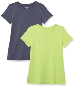 amazon essentials women's tech stretch short-sleeve crewneck t-shirt (available in plus size), pack of 2, lime green/slate grey, medium