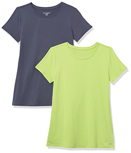 Amazon Essentials Women's Tech Stretch Short-Sleeve Crewneck T-Shirt (Available in Plus Size), Pack of 2, Lime Green/Slate Grey, Medium