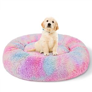 patas lague calming donut dog bed cat bed for small medium large dogs and cats anti-anxiety plush soft and cozy cat bed warming pet bed for winter and fall (20 in, mixed rainbow)