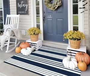 ojia blue and white outdoor rug 3’x 5‘ cotton hand woven striped front porch rug machine washable indoor outdoor rugs farmhouse layered door mat for entryway/kitchen/laundry/living room/bathroom