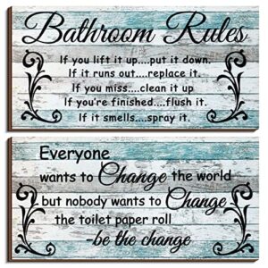 2 pieces wall decor , bathroom rules flower wall art, funny ocean beach farmhouse toilet rustic wooden signs (chic style)