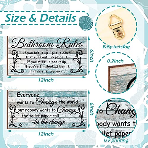 2 Pieces Wall Decor , Bathroom Rules Flower Wall Art, Funny Ocean Beach Farmhouse Toilet Rustic Wooden Signs (Chic Style)