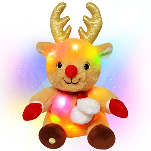 Hopearl Christmas LED Plush Reindeer Light up Elk Stuffed Animal Rudolph Floppy Night Lights Glow in The Dark Birthday Festival for Kids Toddler Girls, Brown, 13’’