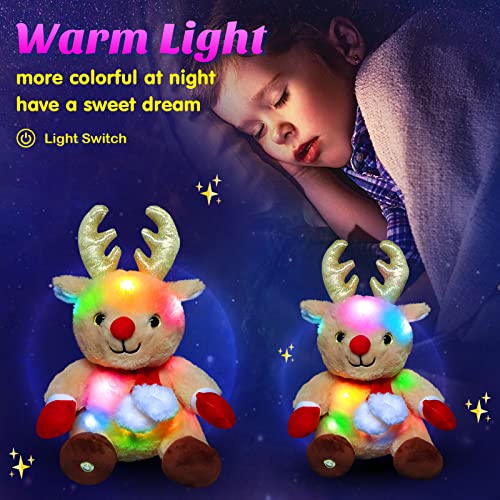 Hopearl Christmas LED Plush Reindeer Light up Elk Stuffed Animal Rudolph Floppy Night Lights Glow in The Dark Birthday Festival for Kids Toddler Girls, Brown, 13’’