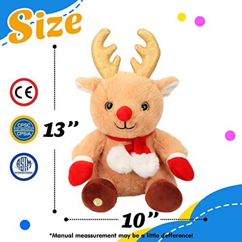 Hopearl Christmas LED Plush Reindeer Light up Elk Stuffed Animal Rudolph Floppy Night Lights Glow in The Dark Birthday Festival for Kids Toddler Girls, Brown, 13’’